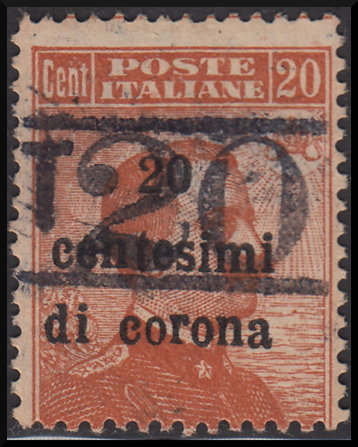 PPP625 - 1918 - Trentino Alto Adige, ufficio di Bolzano 3, segnatasse provvisorio 20 centesimi di corona su c. 20 arancio con soprastampa orizzontale T e cifra di corpo più grande tra due righe, nuovo (BZ3/16)