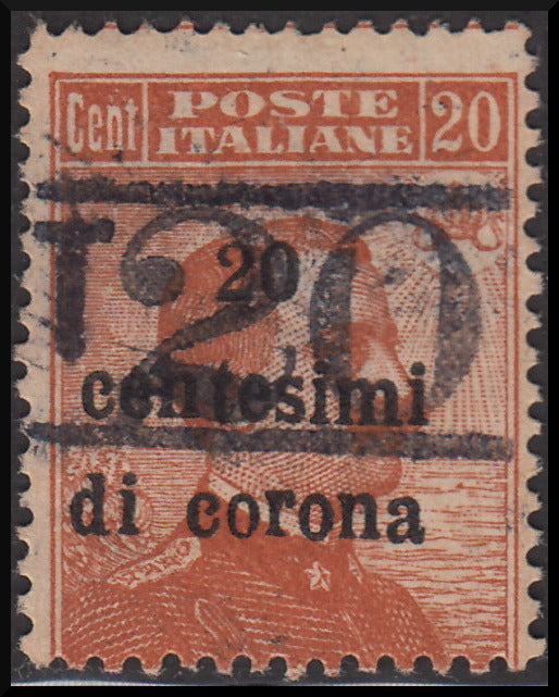 1918 - Trentino Alto Adige, ufficio di Bolzano 3, segnatasse provvisorio 20 centesimi di corona su c. 20 arancio con soprastampa orizzontale T e cifra di corpo più grande tra due righe, nuovo (BZ3/16)