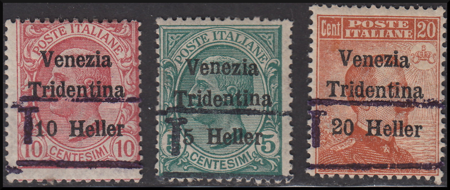 PPP626 - 1918 - Trentino Alto Adige, ufficio di Bolzano 3, segnatasse provvisori soprastampati "Venezia Tridentina" e soprastampa orizzontale T tra due righe senza cifra, i tre valori nuovi (BZ3/20-22)