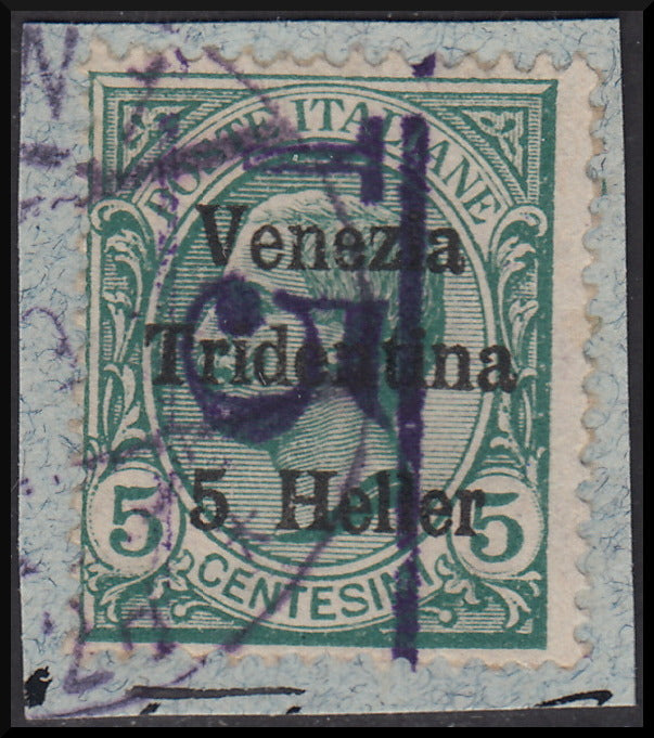 PPP627 - 1918 - Trentino Alto Adige, ufficio di Bolzano 3, segnatasse provvisori soprastampati "Venezia Tridentina" e soprastampa verticale T e cifra di corpo più grande tra due righe, 5h. su c.5 verde usato (BZ3/17)