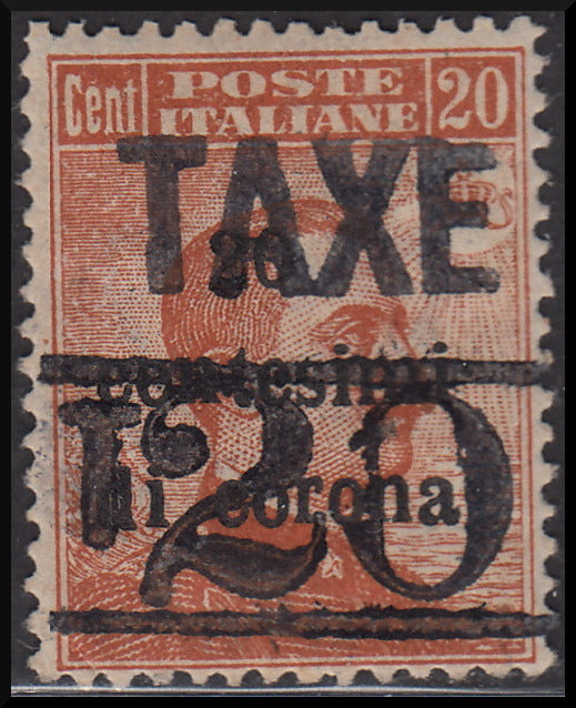 PPP628 - 1918 - Trentino Alto Adige, ufficio di Bolzano 3, segnatasse provvisorio 20 centesimi di corona su c. 20 arancio con soprastampa orizzontale T e cifra di corpo più grande tra due righe, nuovo (BZ3/16)