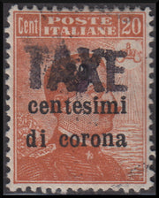 PPP630 - 1918 - Trentino Alto Adige, ufficio di Bolzano 3, segnatasse provvisori soprastampati 20 cent. di corona su c. 20 arancio e soprastampa orizzontale TAXE senza cifra nuovo (BZ3/33B)