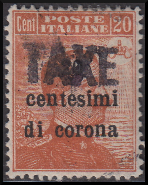 PPP630 - 1918 - Trentino Alto Adige, ufficio di Bolzano 3, segnatasse provvisori soprastampati 20 cent. di corona su c. 20 arancio e soprastampa orizzontale TAXE senza cifra nuovo (BZ3/33B)
