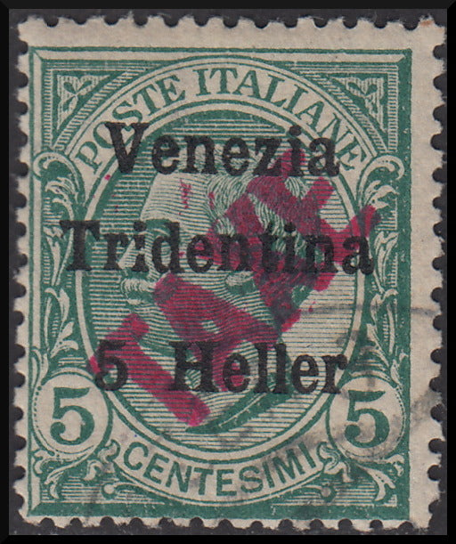 PPP633 - 1918 - Trentino Alto Adige, ufficio di Bolzano 3, segnatasse provvisorio soprastampa Venezia Tridentina 5 heller su c. 5 verde e TAXE diagonale dal basso verso l'alto in colore rosso, usato (BZ3/47)