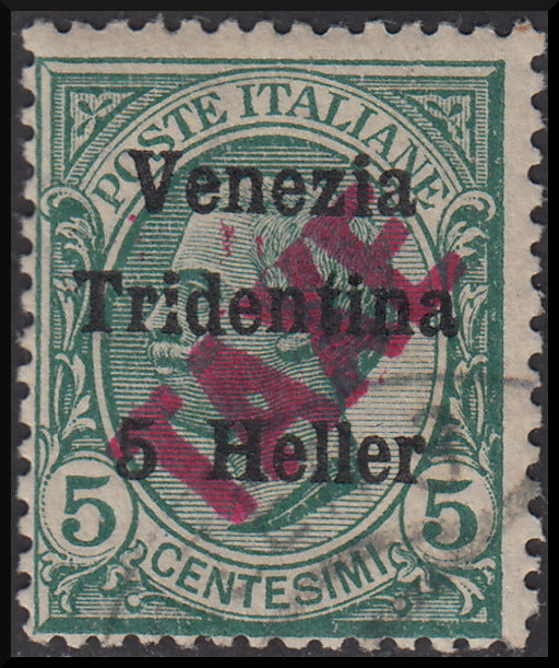 1918 - Trentino Alto Adige, ufficio di Bolzano 3, segnatasse provvisorio soprastampa Venezia Tridentina 5 heller su c. 5 verde e TAXE diagonale dal basso verso l'alto in colore rosso, usato (BZ3/47)