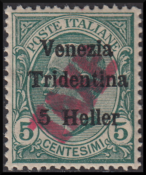 1918 - Trentino Alto Adige, ufficio di Bolzano 3, segnatasse provvisorio soprastampa Venezia Tridentina 5 heller su c. 5 verde e TAXE diagonale dal basso verso l'alto in colore rosso, nuovo (BZ3/47)