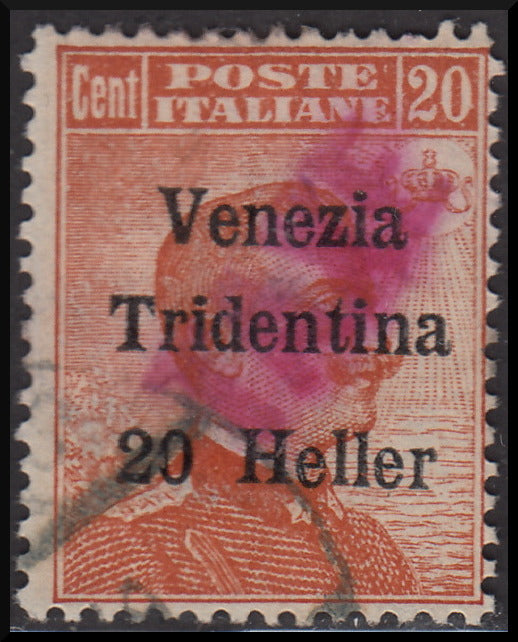 1918 - Trentino Alto Adige, ufficio di Bolzano 3, segnatasse provvisorio soprastampa Venezia Tridentina 20 heller su c. 20 arancio e TAXE diagonale dal basso verso l'alto in colore rosa, usato (BZ3/48)