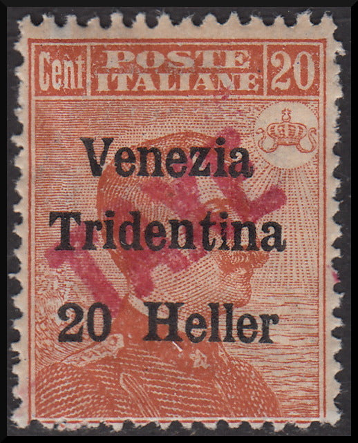 1918 - Trentino Alto Adige, ufficio di Bolzano 3, segnatasse provvisorio soprastampa Venezia Tridentina 20 heller su c. 20 arancio e TAXE diagonale dal basso verso l'alto in colore rosso, nuovo9