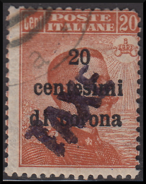PPP638 - 1918 - Trentino Alto Adige, ufficio di Bolzano 3, segnatasse provvisorio soprastampa 20 cent. di corona su c. 20 arancio e TAXE diagonale dal basso verso l'alto in colore rosa, nuovo (BZ3/62) Unito BZ3/53 usato.
