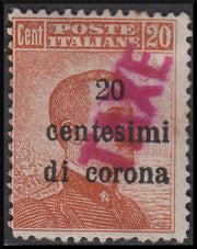 PPP638 - 1918 - Trentino Alto Adige, ufficio di Bolzano 3, segnatasse provvisorio soprastampa 20 cent. di corona su c. 20 arancio e TAXE diagonale dal basso verso l'alto in colore rosa, nuovo (BZ3/62) Unito BZ3/53 usato.