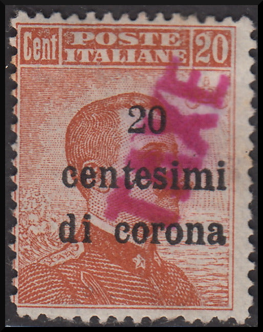 PPP638 - 1918 - Trentino Alto Adige, ufficio di Bolzano 3, segnatasse provvisorio soprastampa 20 cent. di corona su c. 20 arancio e TAXE diagonale dal basso verso l'alto in colore rosa, nuovo (BZ3/62) Unito BZ3/53 usato.