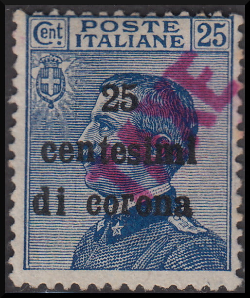 PPP639 - 1918 - Trentino Alto Adige, ufficio di Bolzano 3, segnatasse provvisorio soprastampa 25 cent. di corona su c. 25 azzurro e TAXE diagonale dal basso verso l'alto in colore rosa, nuovo (BZ3/63)