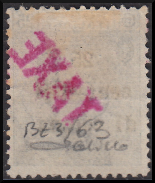 1918 - Trentino Alto Adige, ufficio di Bolzano 3, segnatasse provvisorio soprastampa 25 cent. di corona su c. 25 azzurro e TAXE diagonale dal basso verso l'alto in colore rosa, nuovo (BZ3/63)