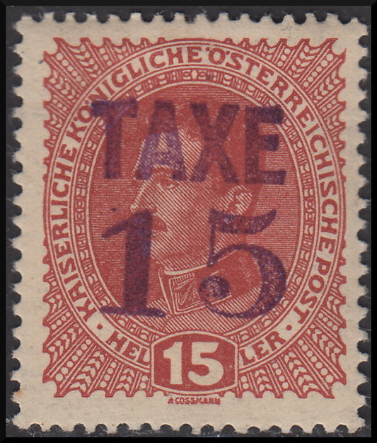 1918 - Trentino Alto Adige, ufficio di Bolzano 3, francobollo d'Austria da 15 heller bruno rosso con soprastampa orizzontale TAXE in nero e cifra orizzontale, nuovo (BZ3/68)