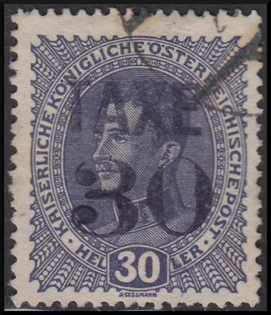 PPP641 - 1918 - Trentino Alto Adige, ufficio di Bolzano 3, francobollo d'Austria da 30 heller violetto grigio con soprastampa orizzontale TAXE in nero e cifra orizzontale, usato (BZ3/71)