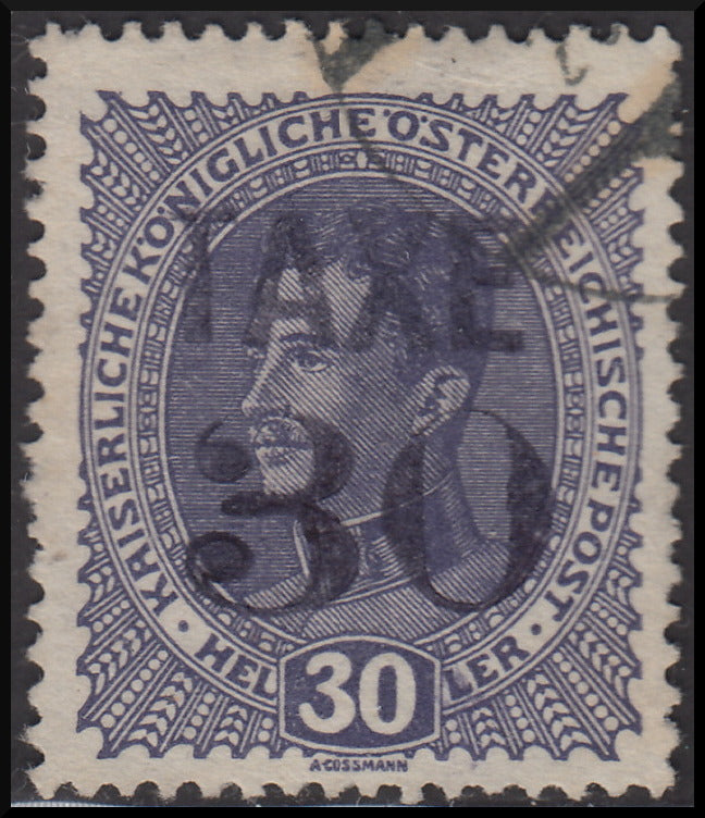 1918 - Trentino Alto Adige, ufficio di Bolzano 3, francobollo d'Austria da 30 heller violetto grigio con soprastampa orizzontale TAXE in nero e cifra orizzontale, usato (BZ3/71)