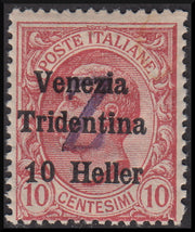 PPP643 - 1919 - Trentino Alto Adige, ufficio di Bolzano 3, francobollo d'Italia soprastampato "Venezia Tridentina 10 heller" su c. 10 rosa con soprastampa orizzontale "Z", nuovo (BZ3/96)