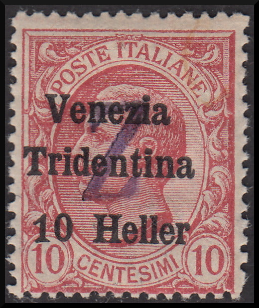 PPP643 - 1919 - Trentino Alto Adige, ufficio di Bolzano 3, francobollo d'Italia soprastampato "Venezia Tridentina 10 heller" su c. 10 rosa con soprastampa orizzontale "Z", nuovo (BZ3/96)