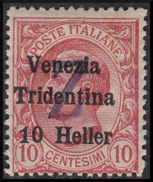 PPP643 - 1919 - Trentino Alto Adige, Bolzano office 3, Italian stamp overprinted "Venezia Tridentina 10 heller" on c. 10 pink with horizontal "Z" overprint, new (BZ3/96)