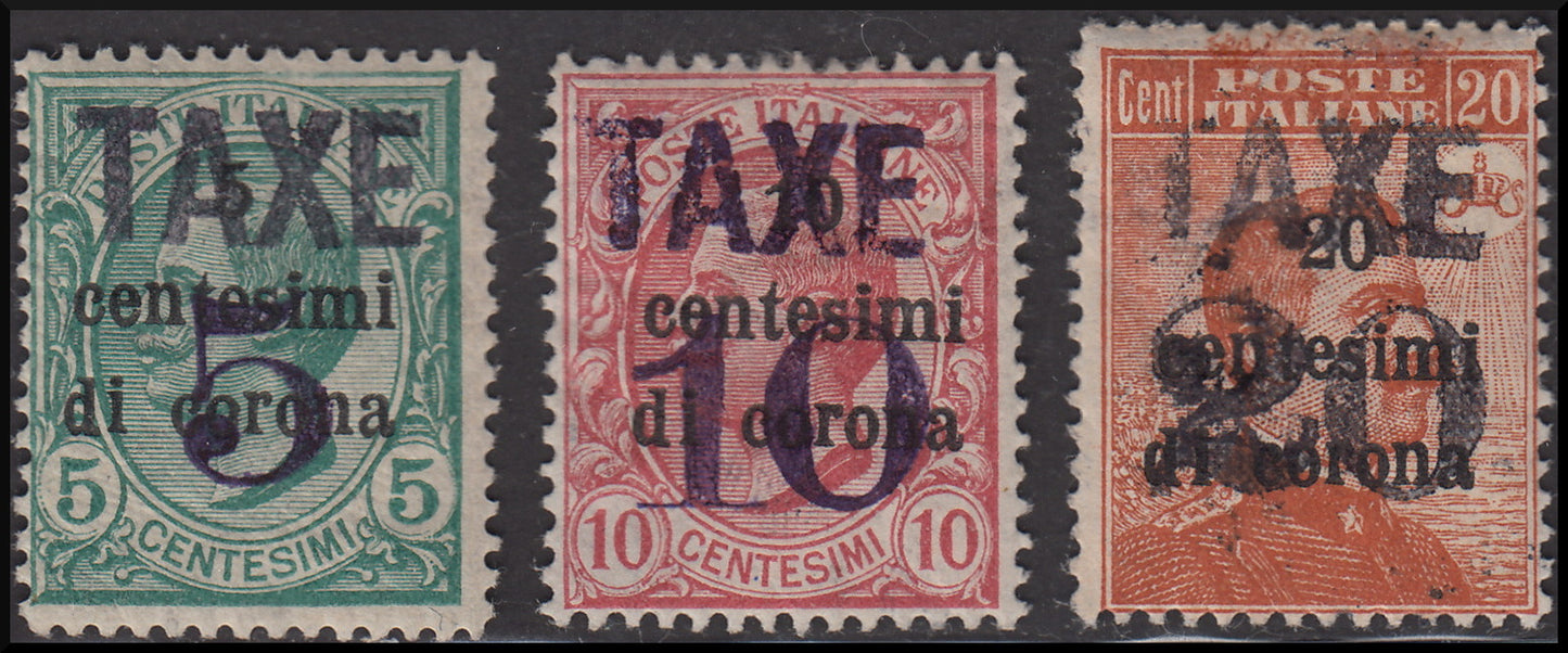 1918 - Trentino Alto Adige, ufficio di Bolzano 3, francobolli d'Italia sopratampati in centesimi di corona con soprastampa orizzontale TAXE in nero e cifra orizzontale, nuovi (BZ3/80, 81, 82)