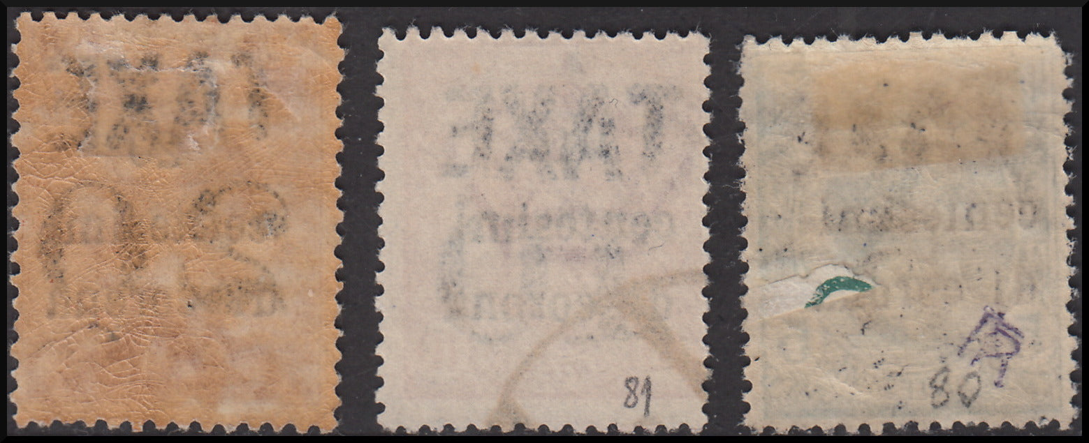 PPP645 - 1918/19 - Trentino Alto Adige, ufficio di Bolzano 3, francobolli d'Italia sopratampati in centesimi di corona + TAXE e nuovo valore, serie mista. (BZ3/80/82)