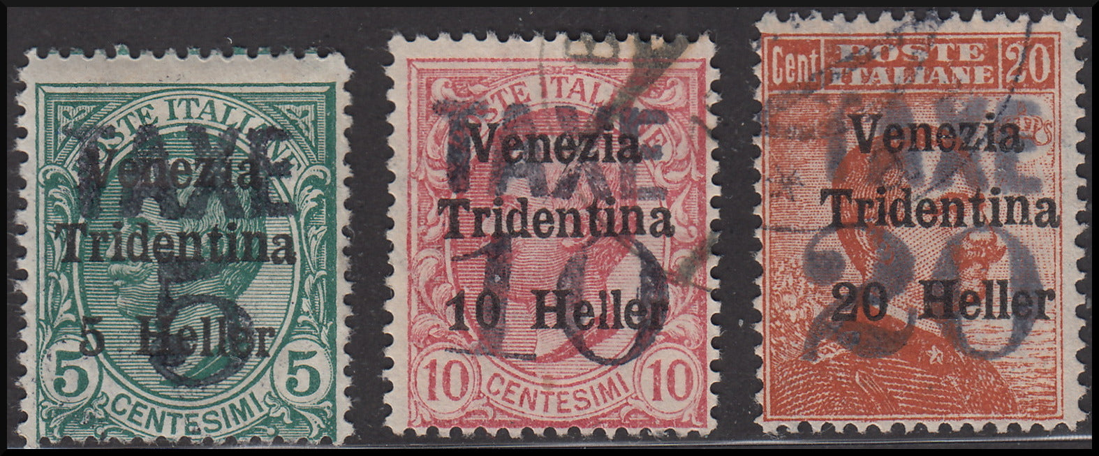 PPP648 - 1918/19 - Trentino Alto Adige, ufficio di Bolzano 3, francobolli d'Italia sopratampati "Venezia Tridentina" e valore in Heller, + TAXE e nuovo valore, serie usata. (BZ3/77/79)