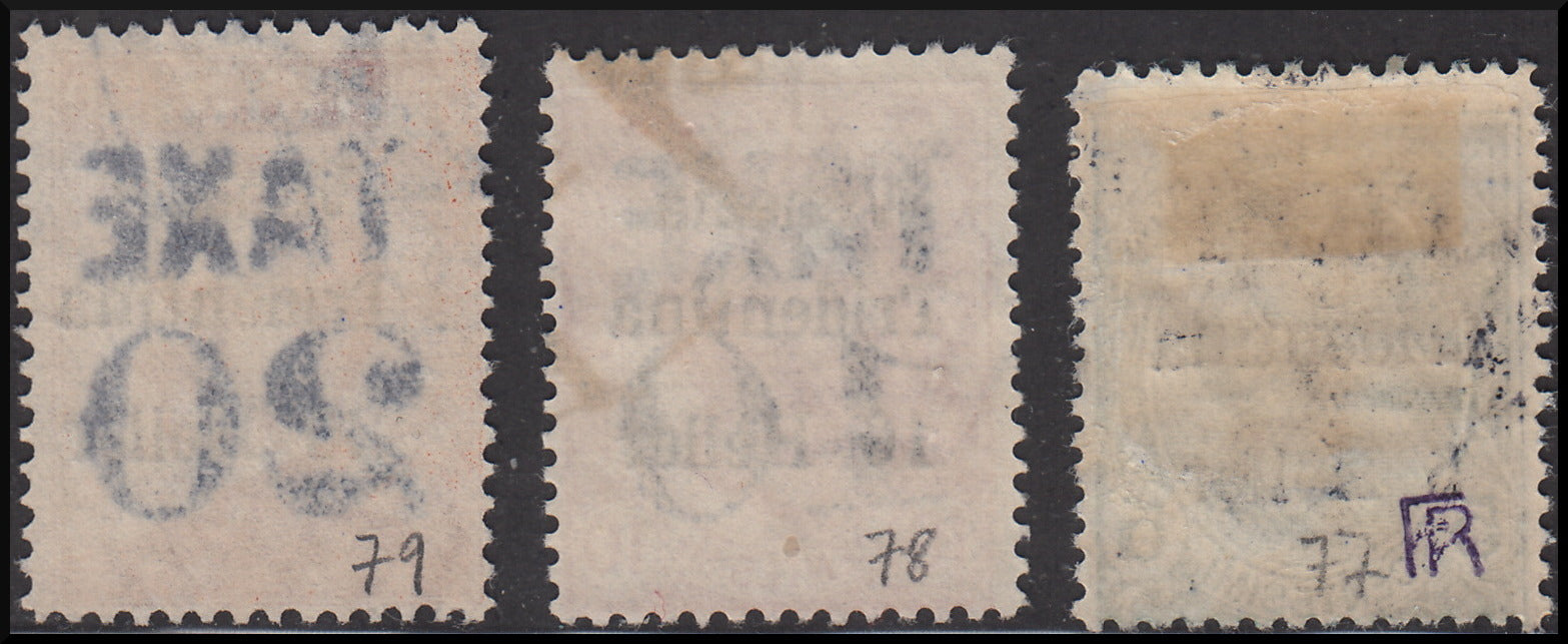 PPP648 - 1918/19 - Trentino Alto Adige, ufficio di Bolzano 3, francobolli d'Italia sopratampati "Venezia Tridentina" e valore in Heller, + TAXE e nuovo valore, serie usata. (BZ3/77/79)