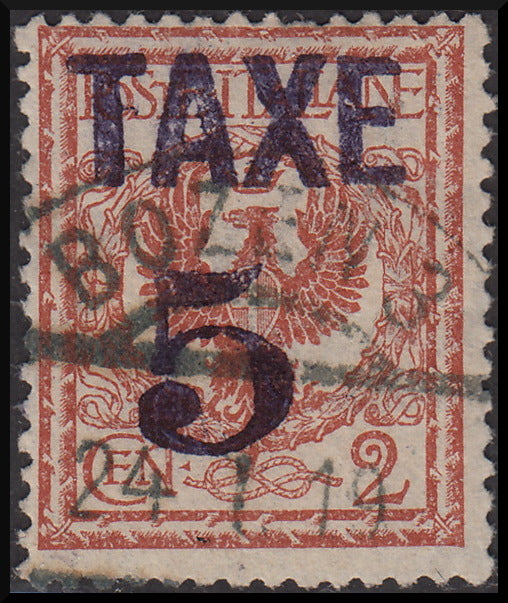 PPP650 - 1918 - Trentino Alto Adige, Bolzano office 3, Italian stamp from c. 2 red-brown with horizontal TAXE overprint in black and horizontal number, used (BZ3/75)