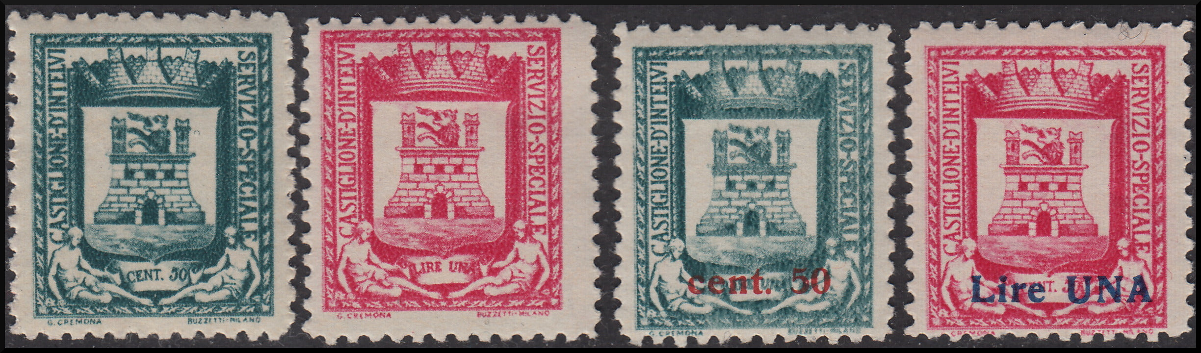 PPP68 - Enti Locali - Castiglione d'Intelvi c. 50 verde grigio e L. 1 rosa vivo, emissione ordinaria e soprastampata nuovi gomma originale (14, 15, 18, 19)
