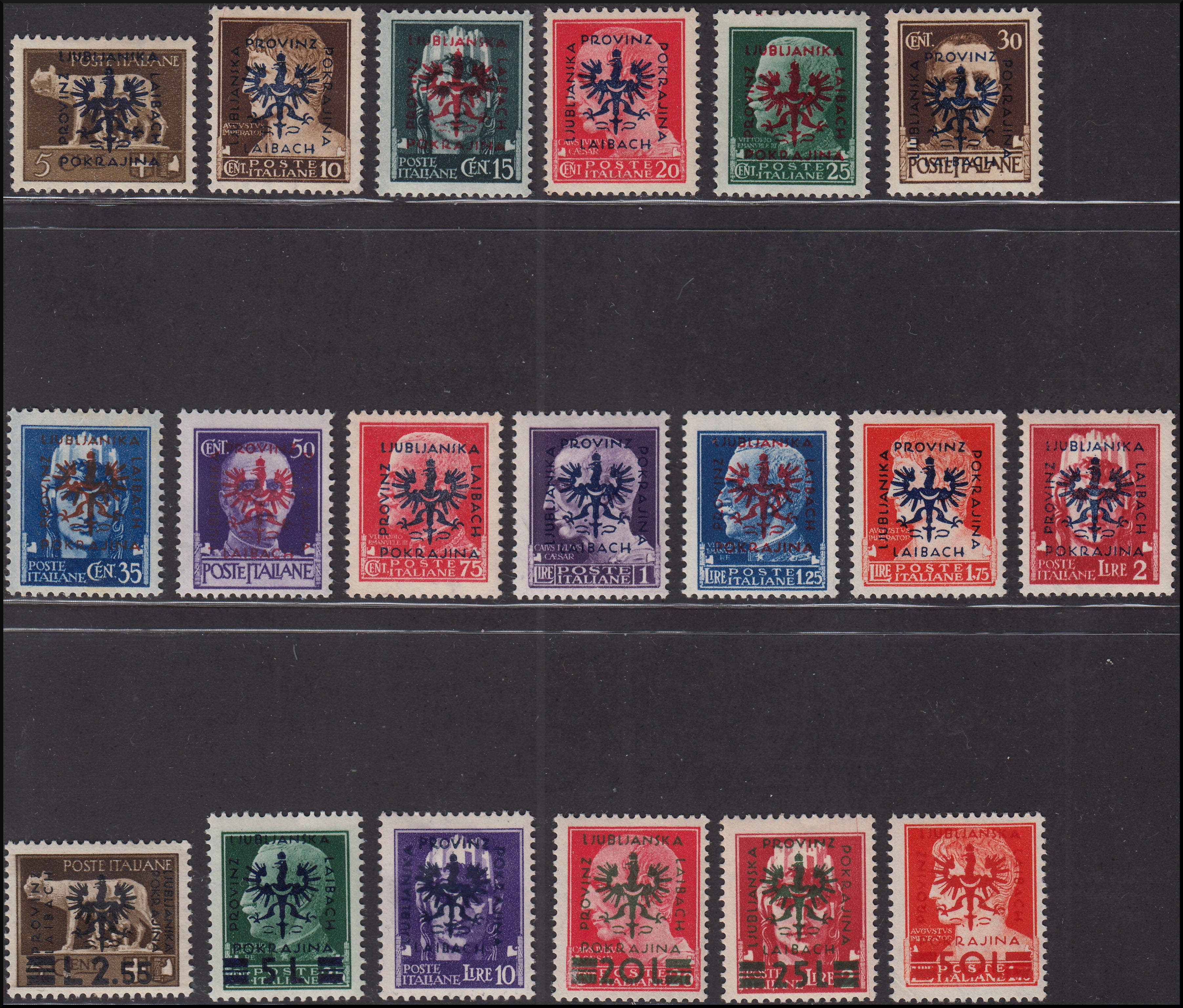 PPP748 - 1944 - Francobolli d'Italia serie "Imperiale" con sovrastampa "Provincia di Lubiana", serie completa di 19 valori nuovi gomma originale (1/19)