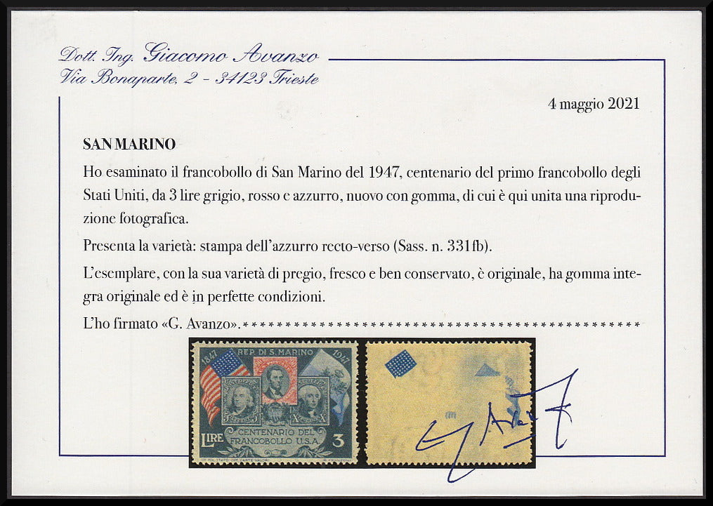 PPP752 - 1947 - Centenario del primo francobollo USA, 3L. grigio rosso e azzurro con varietà "Stampa dell'azzurro recto-verso" nuovo gomma integra (331fb)