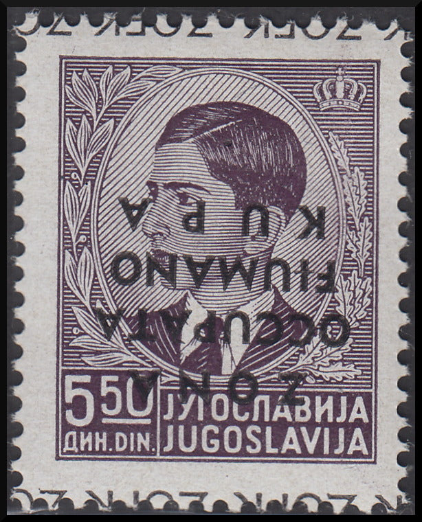 PPP804 - 1941 -  Francobolli di Jugoslavia con soprastampa "Zona Occupata Fiumano-Kupa" capovolta, 5.50d. bruno lilla nuovo con gomma integra (8a)