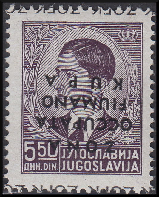 PPP804 - 1941 - Stamps of Yugoslavia with overprint "Fiumano-Kupa Occupied Zone" upside down, 5.50d. new lilac brown with intact tire (8a)