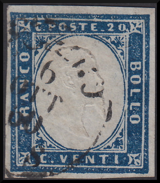 PPP825 1860 - Sardegna IV emissione c. 20 azzurro I tavola usato, molto fresco (15Ca).