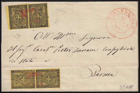 Pr12 - 1855 - Duchy of Parma, 1st issue c. 5 yellow orange two pairs on letter from Fiorenzuola to Parma used with the red grid (1, points 12).