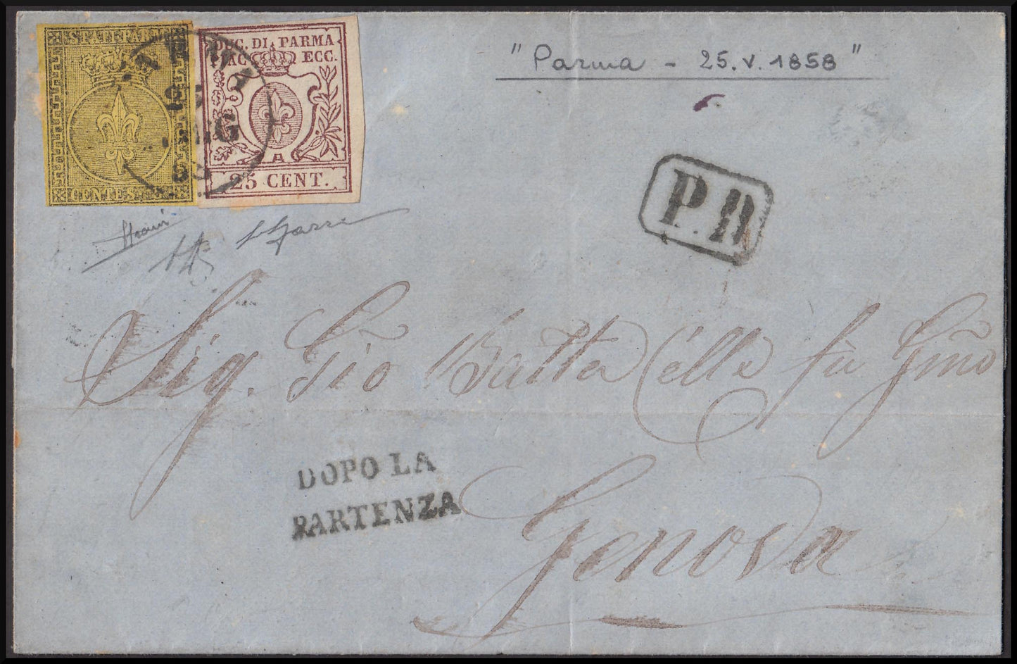 PR025 - 1855 - Duchy of Parma, 1st issue c. 10 white strip of 3 copies on letter from Borgo S. Donnino for Frame 6/8/55 (2, points R1)