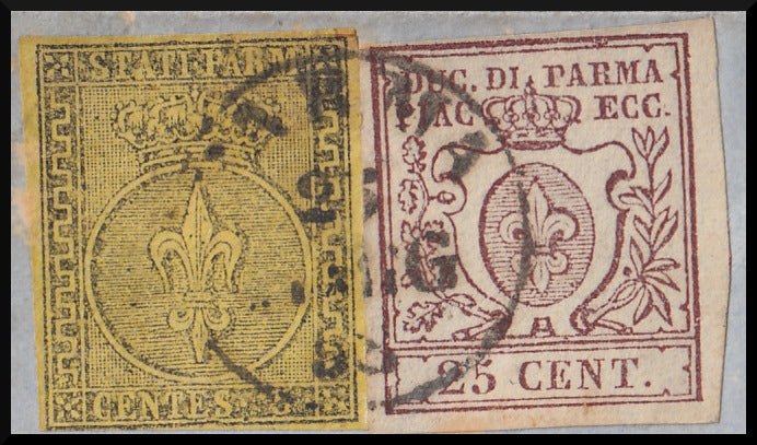 PR025 - 1855 - Duchy of Parma, 1st issue c. 10 white strip of 3 copies on letter from Borgo S. Donnino for Frame 6/8/55 (2, points R1)