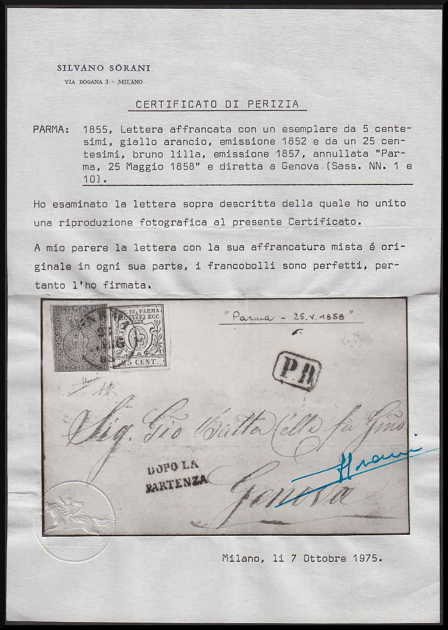 PR025 - 1855 - Duchy of Parma, 1st issue c. 10 white strip of 3 copies on letter from Borgo S. Donnino for Frame 6/8/55 (2, points R1)