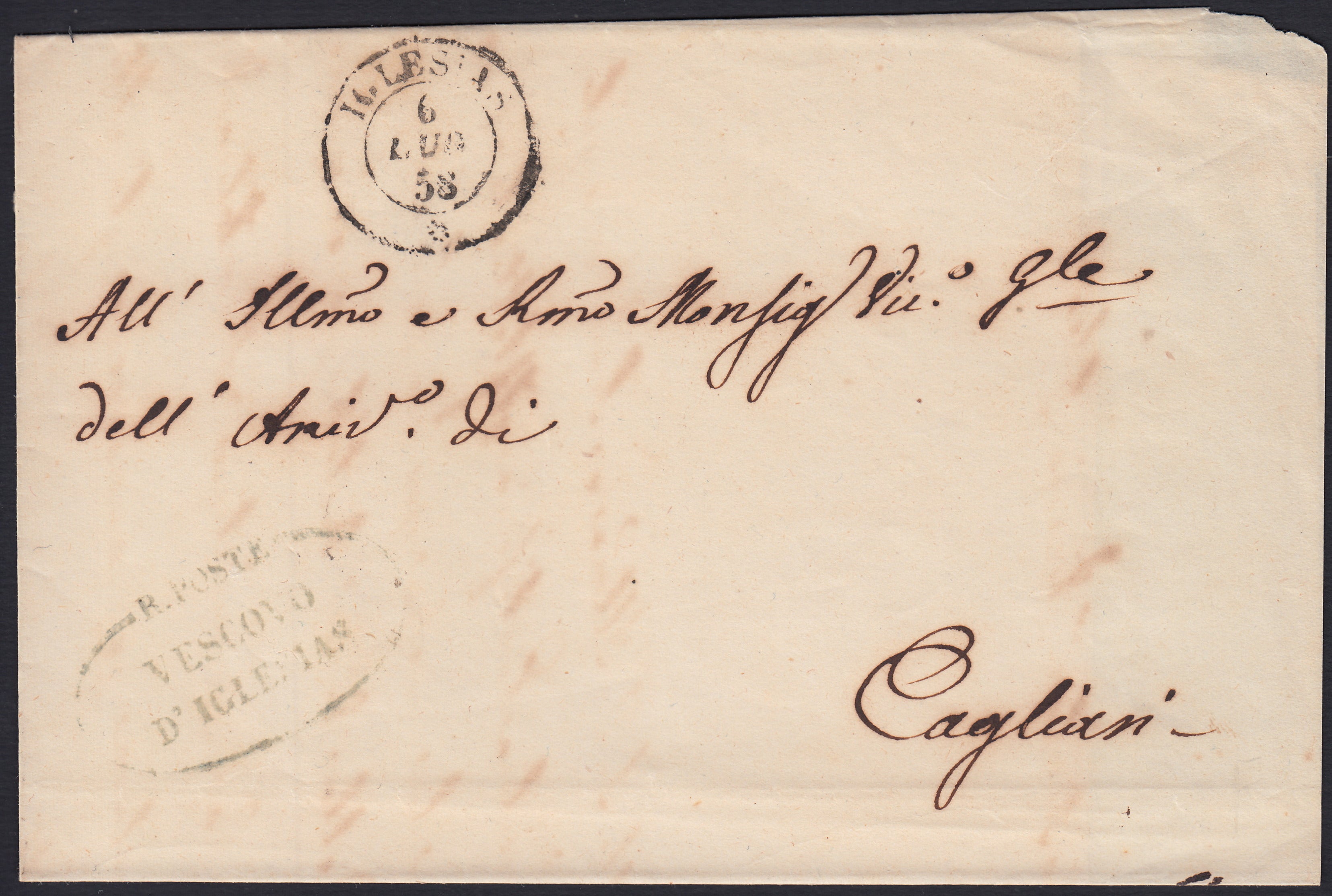 Pref12 - 1858 - Lettera in franchigia da Iglesias per Cagliari 6/7/58 bella!