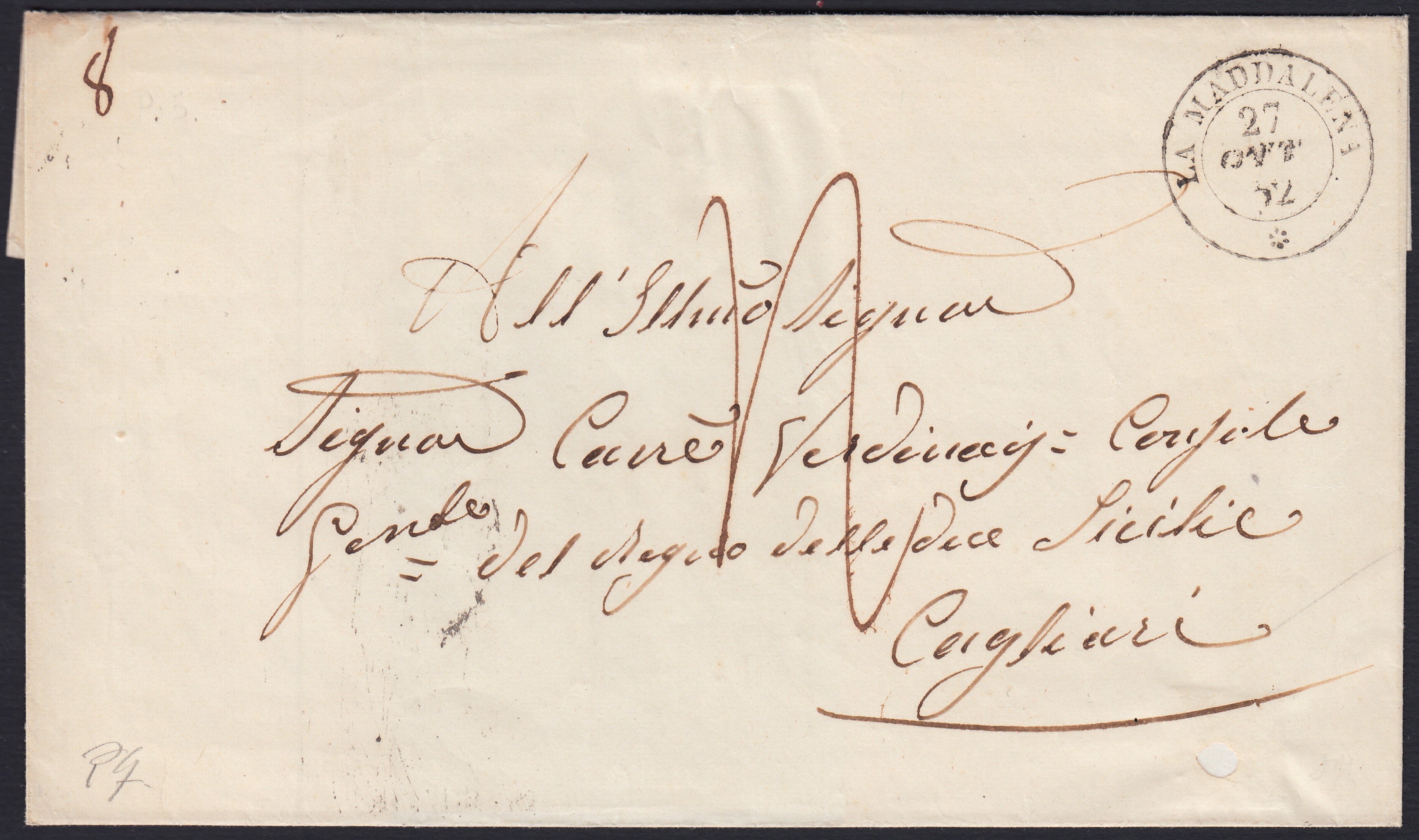 Pref15 - 1855 - Lettera in Porto assegnato da La Maddalena per Cagliari 27/10/52.