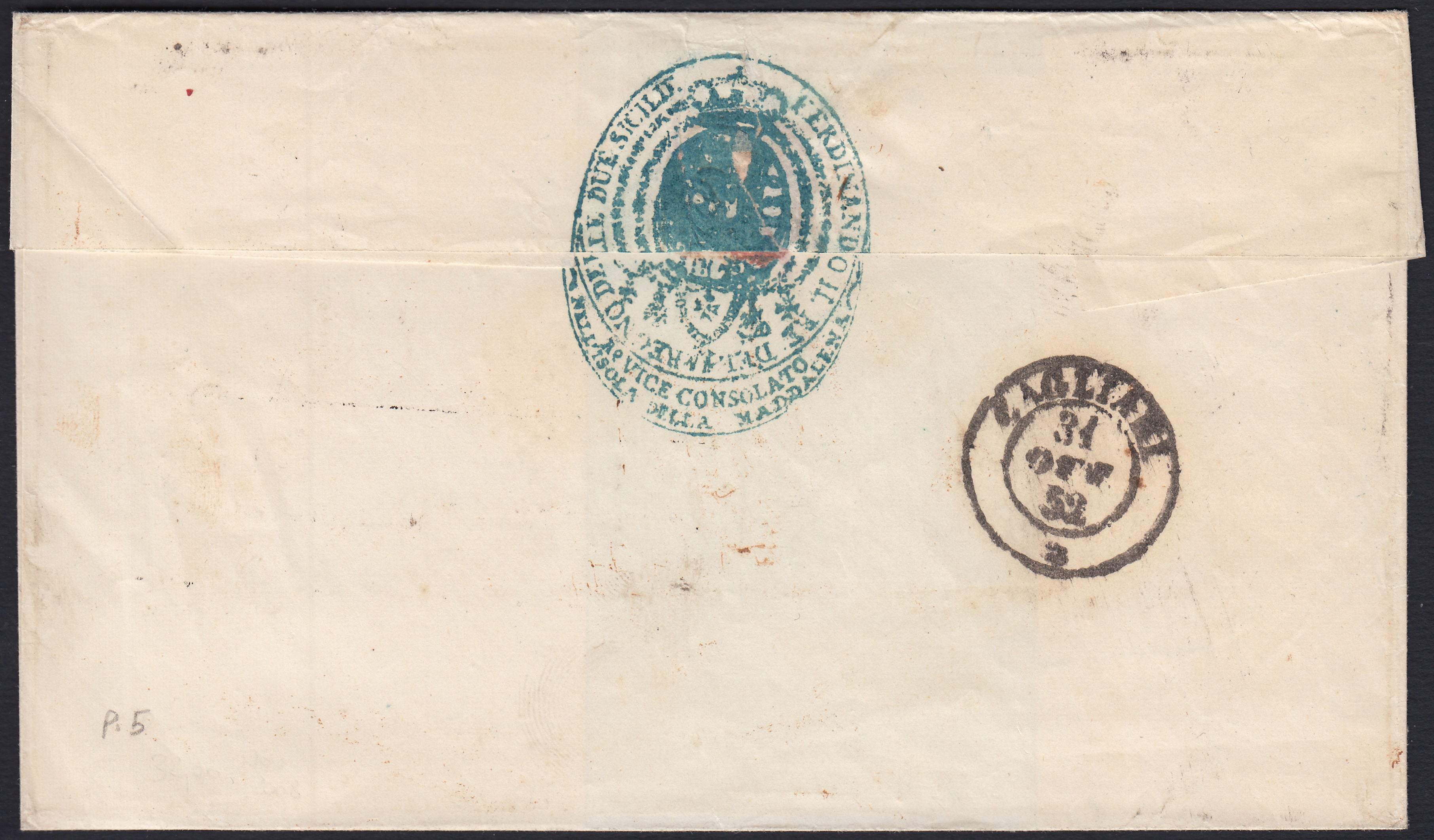 Pref15 - 1855 - Lettera in Porto assegnato da La Maddalena per Cagliari 27/10/52.