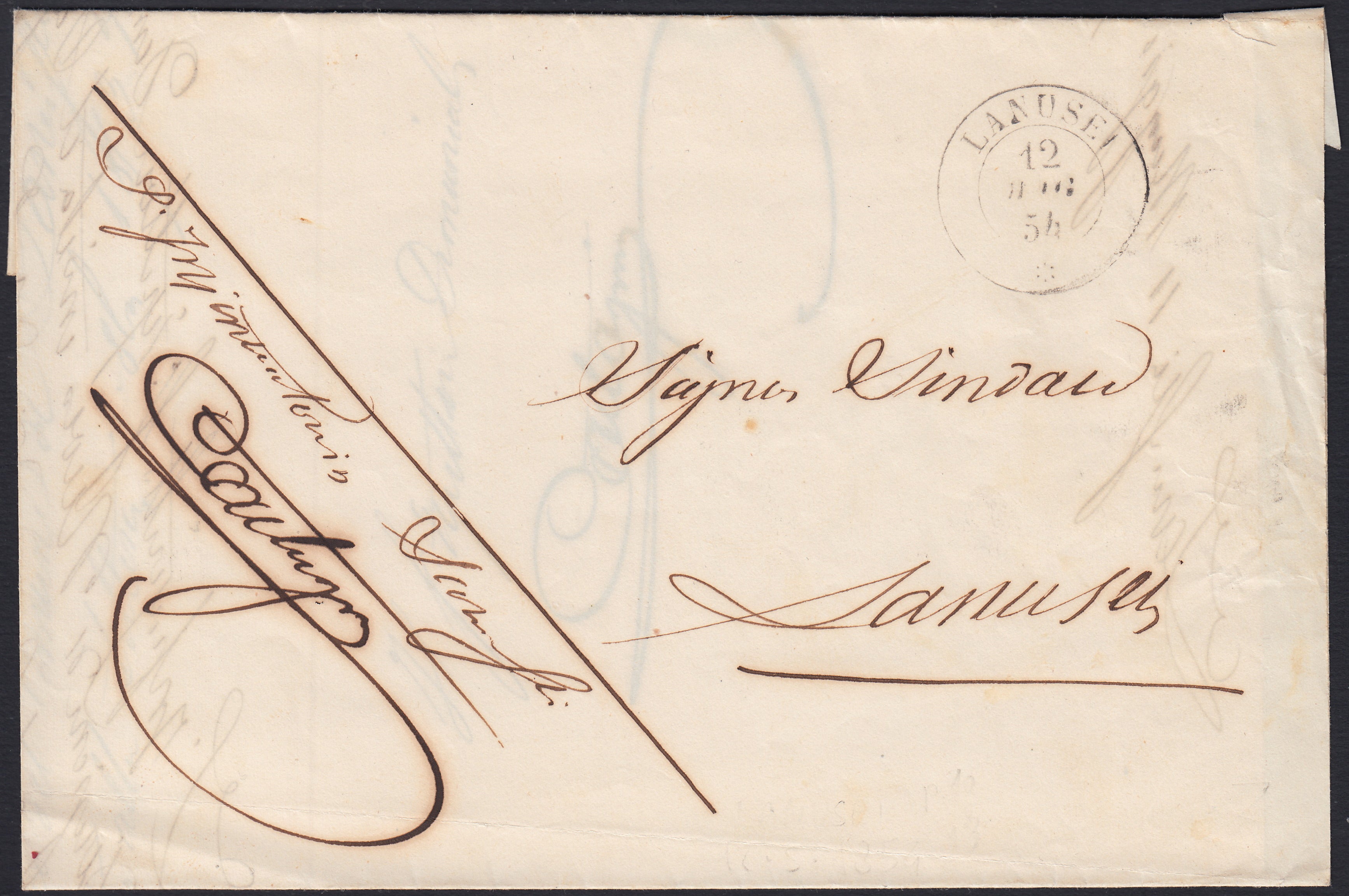 Pref17 - 1852 - Lettera in Franchigia da Lanusei per città 12/5/54. Annullo punti 8.