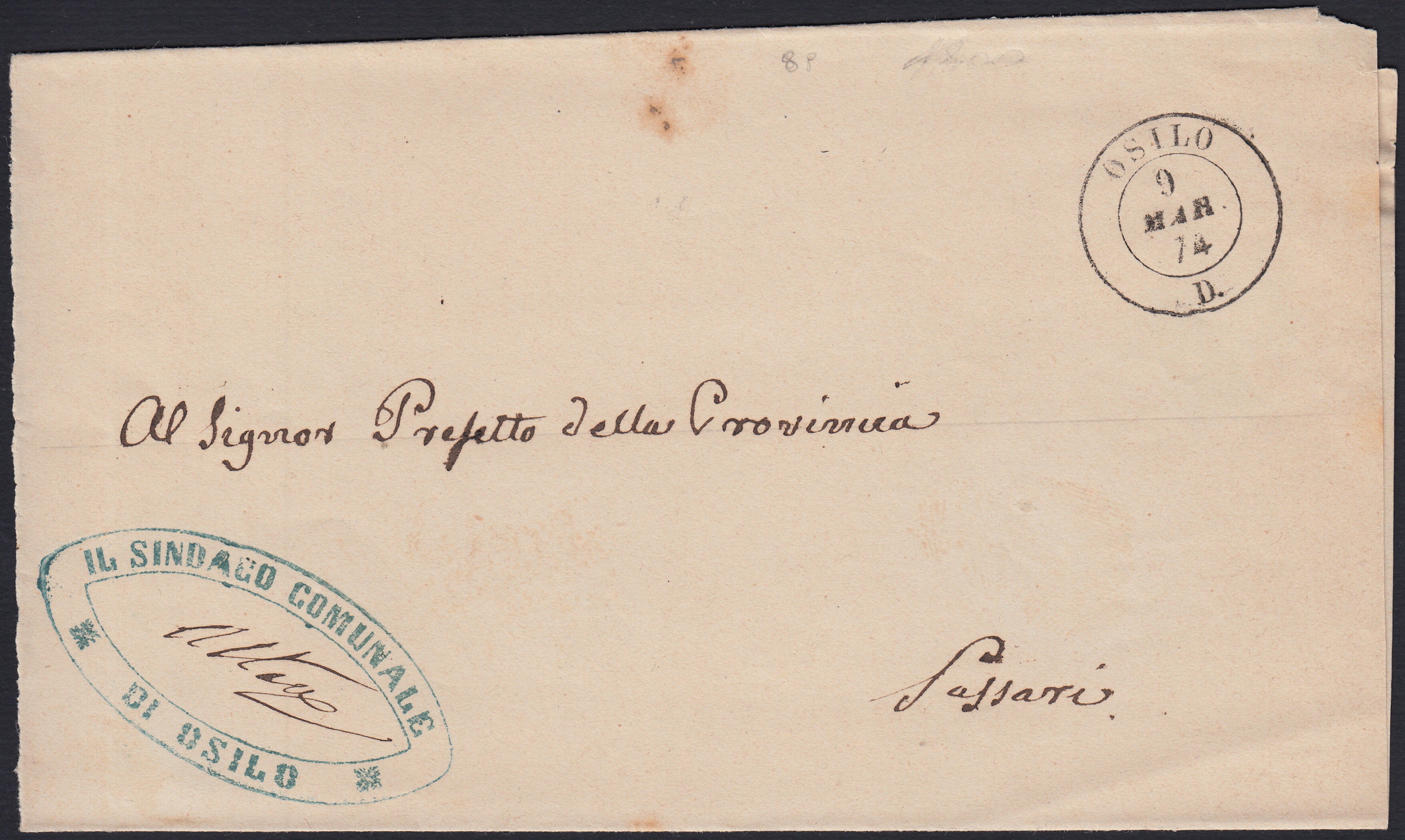 Pref18 - 1874 - Lettera in Franchigia da OSILO per Sassari 9/3/74. Annullo un po' tardivo ma RARO (R1 su IV emissione)