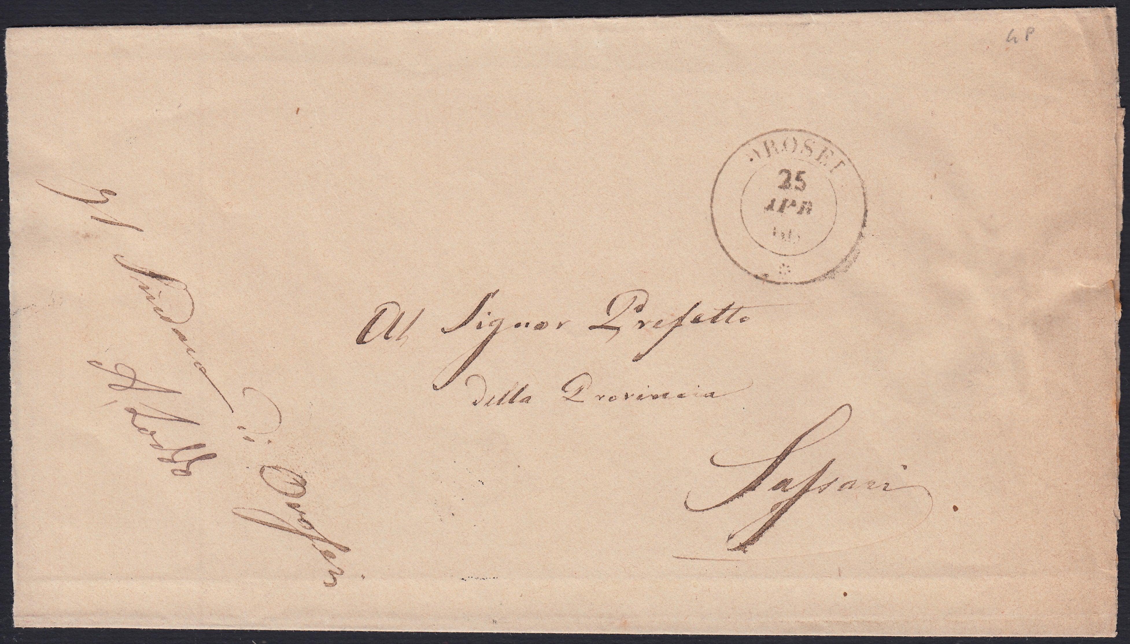 Pref19 - 1874 - Lettera in Franchigia da OROSEI per Sassari 25/4/66.