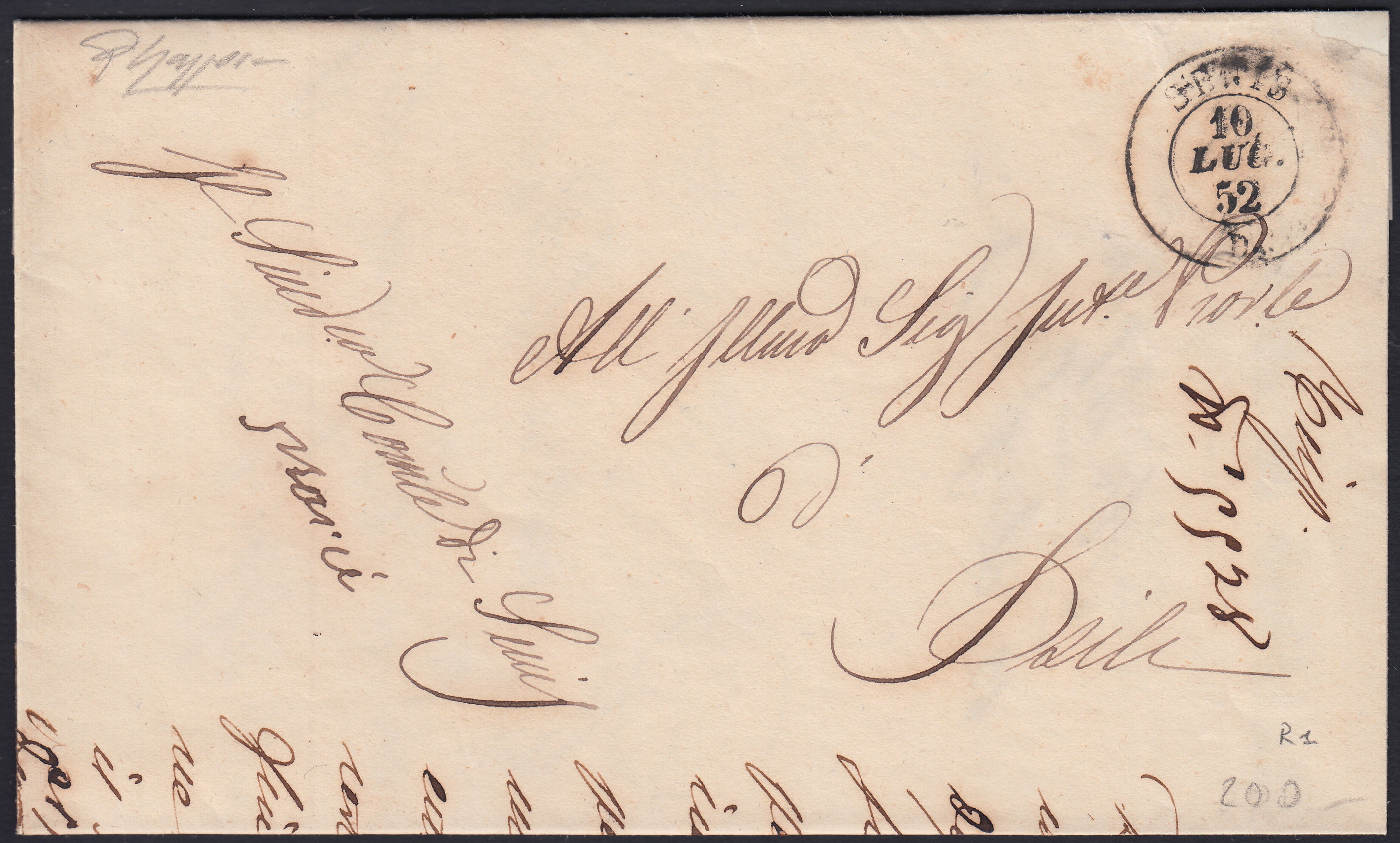 Pref23 - 1852 - Lettera in Franchigia da SENIS per Isili 10/7/52, rarissima, punti R1