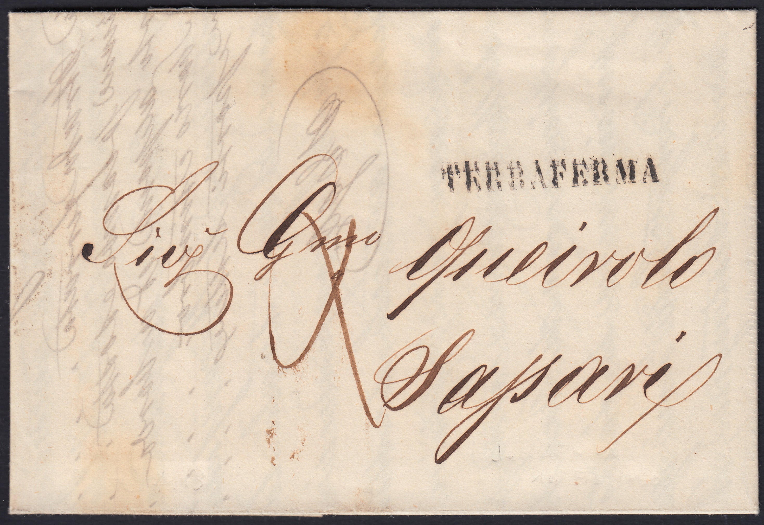 Pref24 - 1860 - Lettera in Porto Assegnato da Genova per Sassari 14/2/60, annullo TERRAFERMA apposto allo sbarco.