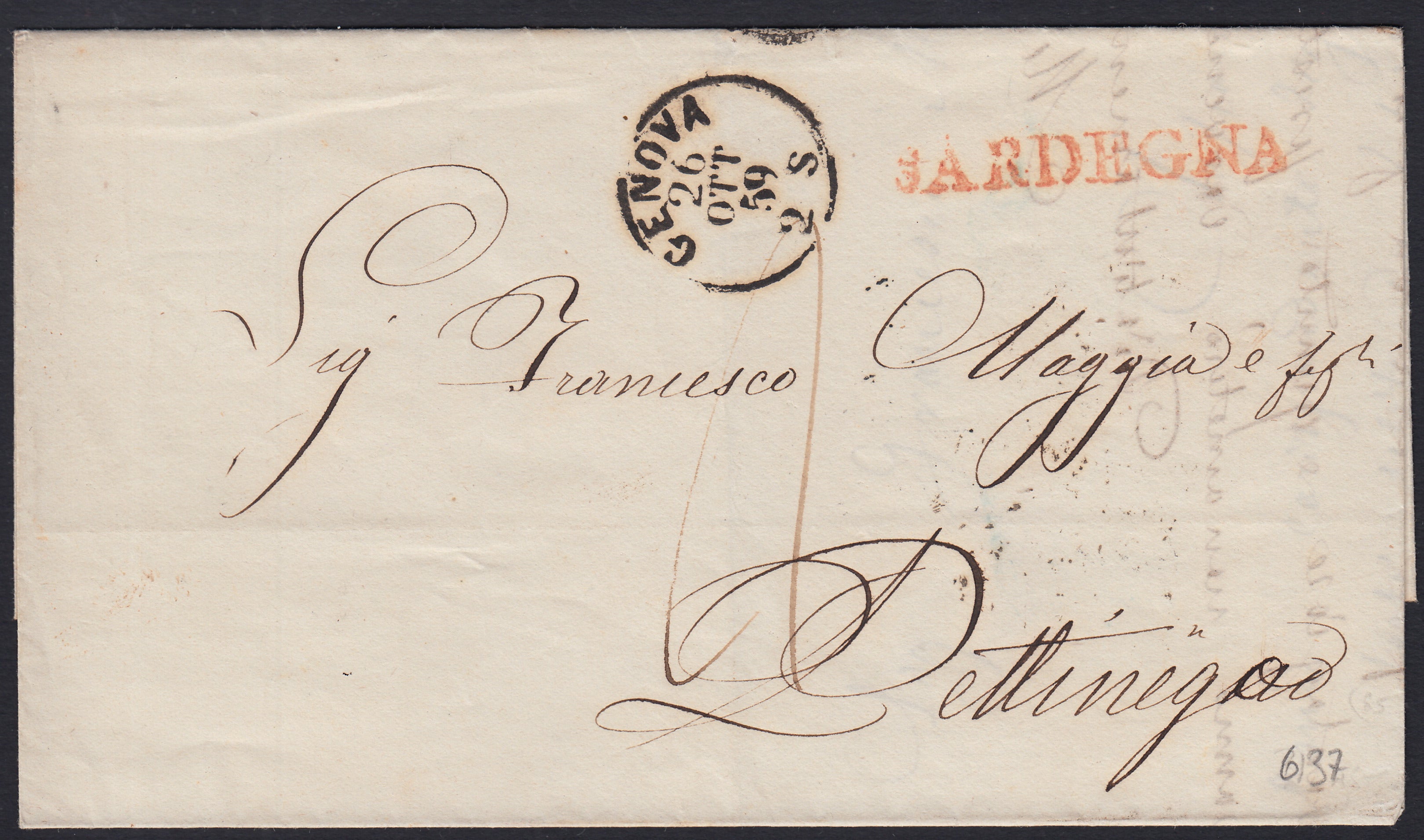 Pref26 - 1859 - Lettera in Porto Assegnato da Sassari per Genova 22/10/59, annullo SARDEGNA rosso apposto allo sbarco.