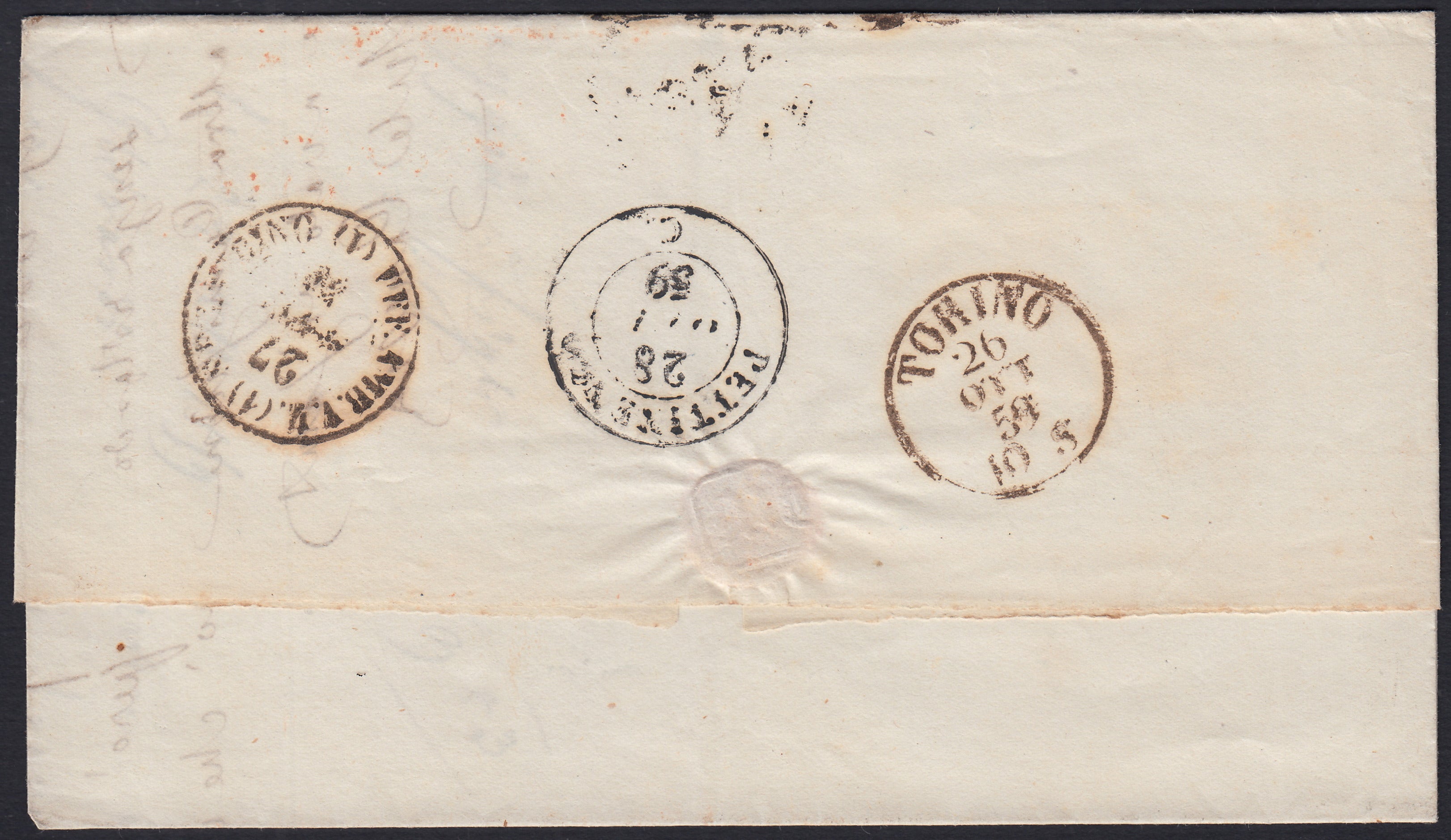 Pref26 - 1859 - Lettera in Porto Assegnato da Sassari per Genova 22/10/59, annullo SARDEGNA rosso apposto allo sbarco.