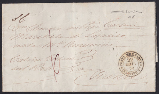 Pref7 - 1859 - Lettera spedita da Calcinate per Firenze 22/6/59 non affrancata, annulo Posta Militare Sarda Quartier Generale (P.ti 8)