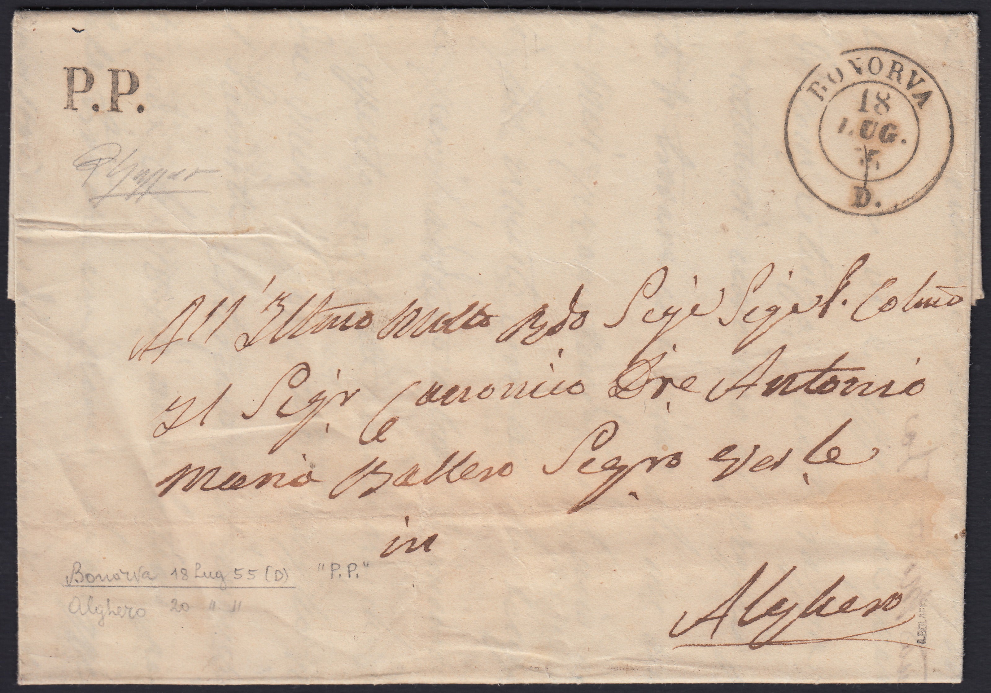 Pref9 - 1855 - Lettera in Porto Pagato da Bonorva per Alghero 18/7/55 raro annullo punti 12.